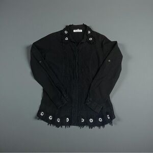 Caamano Women’s Size M Black Distressed Embroidered Peruvian Cotton Boho Top